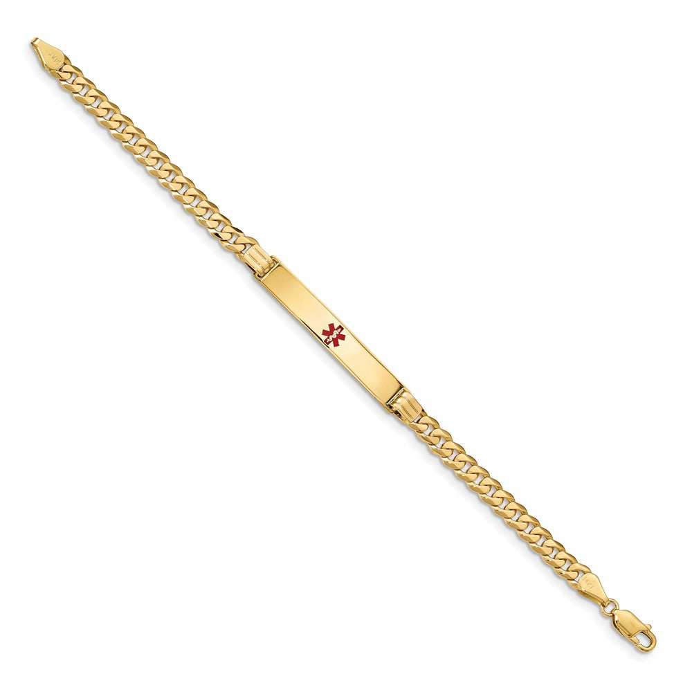 Engravable 14K Yellow Gold Medical Red Enamel Curb Link ID Bracelet Length 8 inches Width 6.5 mm With Lobster Claw Clasp