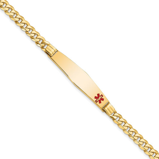 Engravable 14K Yellow Gold Medical Soft Diamond Shape Red Enamel Curb Link ID Bracelet Length 7 inches Width 9 mm With Lobster Claw Clasp