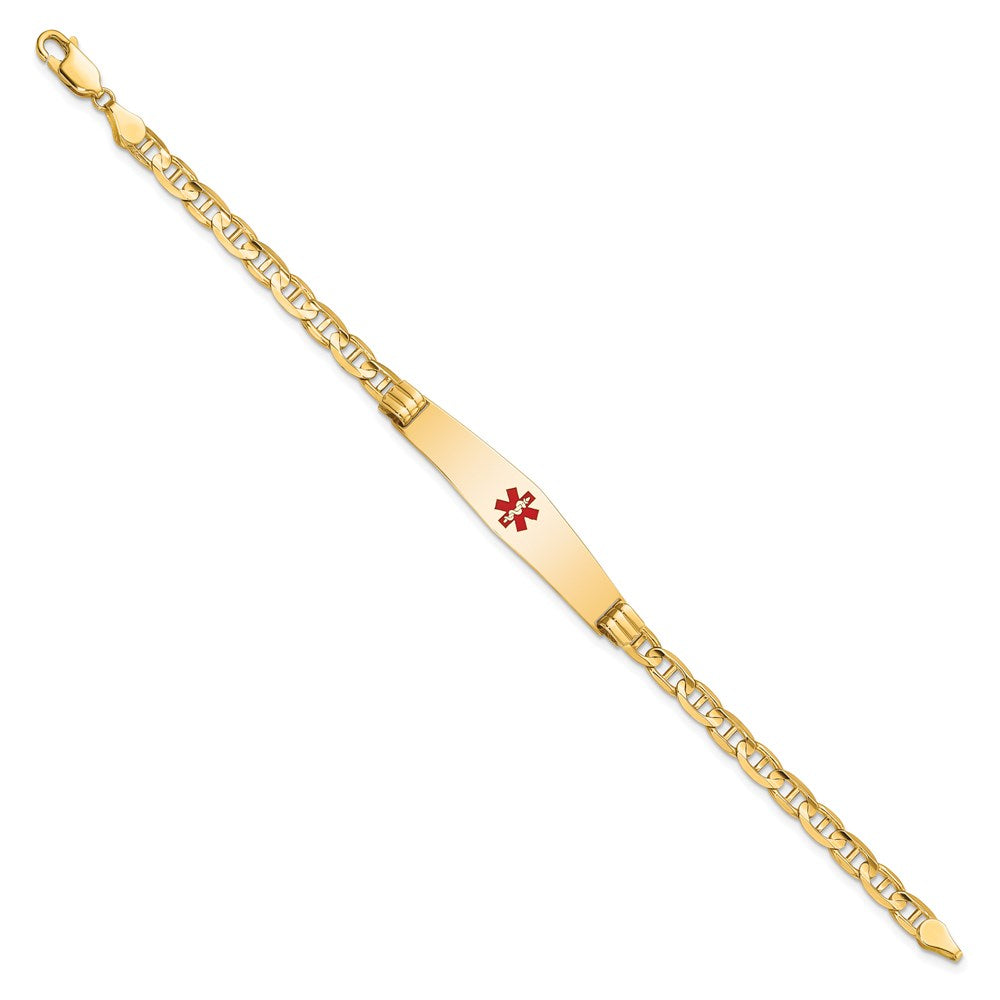 Engravable 14K Yellow Gold Medical Soft Diamond Shape Red Enamel Anchor Link ID Bracelet Length 7 inches Width 9 mm With Lobster Claw Clasp