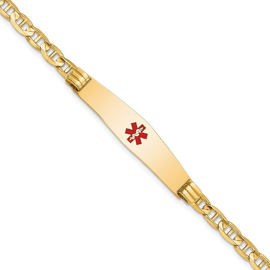 Engravable 14K Yellow Gold Medical Soft Diamond Shape Red Enamel Anchor Link ID Bracelet Length 7 inches Width 9 mm With Lobster Claw Clasp