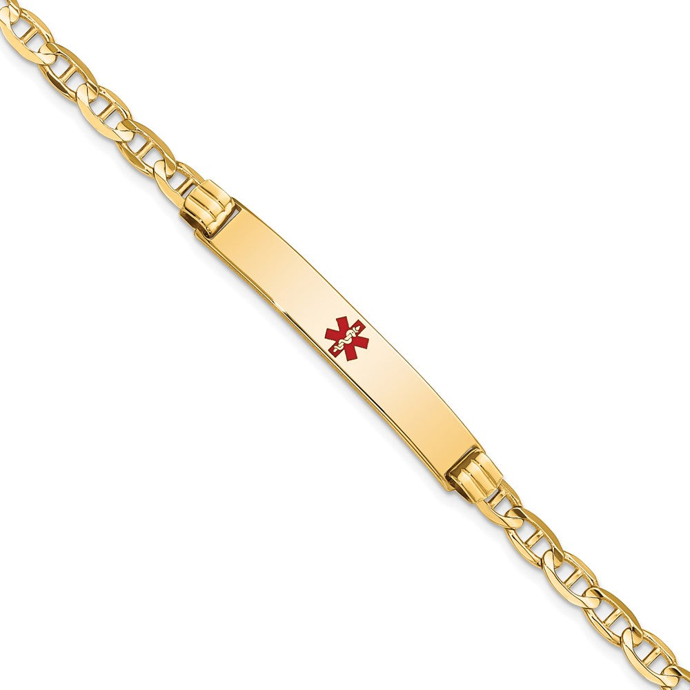 Engravable 14K Yellow Gold Medical Red Enamel Anchor Link ID Bracelet Length 8 inches Width 6.5 mm With Lobster Claw Clasp