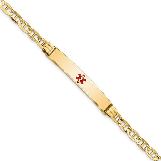 Engravable 14K Yellow Gold Medical Red Enamel Anchor Link ID Bracelet Length 8 inches Width 6.5 mm With Lobster Claw Clasp