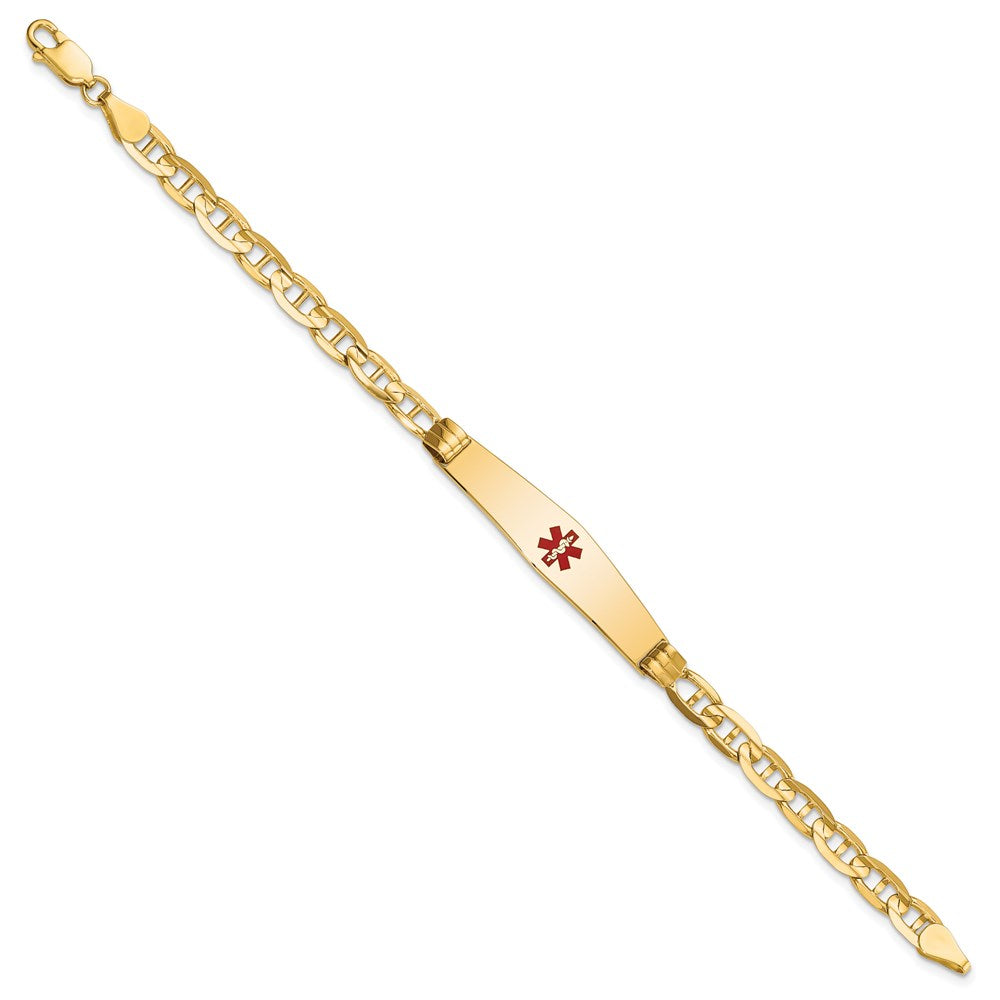 Engravable 14K Yellow Gold Medical Soft Diamond Shape Red Enamel Anchor ID Bracelet Length 8 inches Width 9 mm With Lobster Claw Clasp