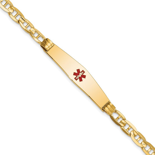 Engravable 14K Yellow Gold Medical Soft Diamond Shape Red Enamel Anchor ID Bracelet Length 7 inches Width 9 mm With Lobster Claw Clasp