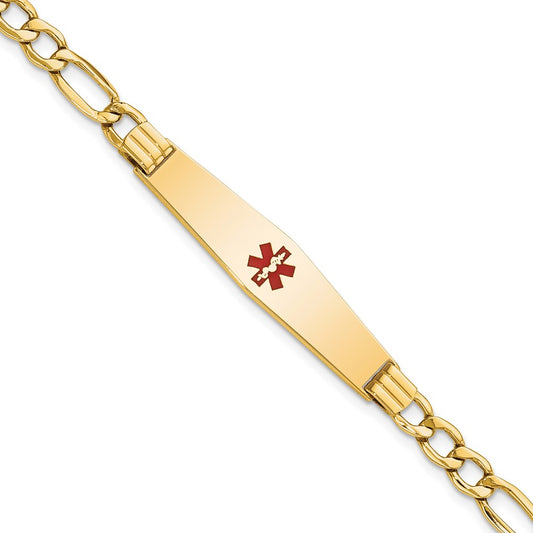 Engravable 14K Yellow Gold Medical Soft Diamond Shape Red Enamel Figaro ID Bracelet Length 8 inches Width 9 mm With Lobster Claw Clasp