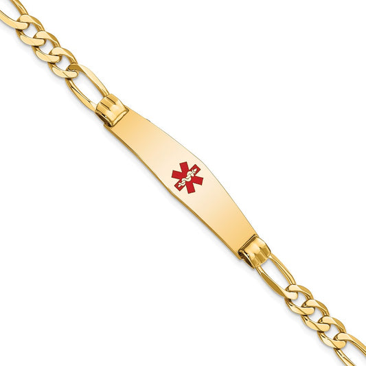 Engravable 14K Yellow Gold Medical Soft Diamond Shape Red Enamel Figaro ID Bracelet Length 8 inches Width 9.5 mm With Lobster Claw Clasp