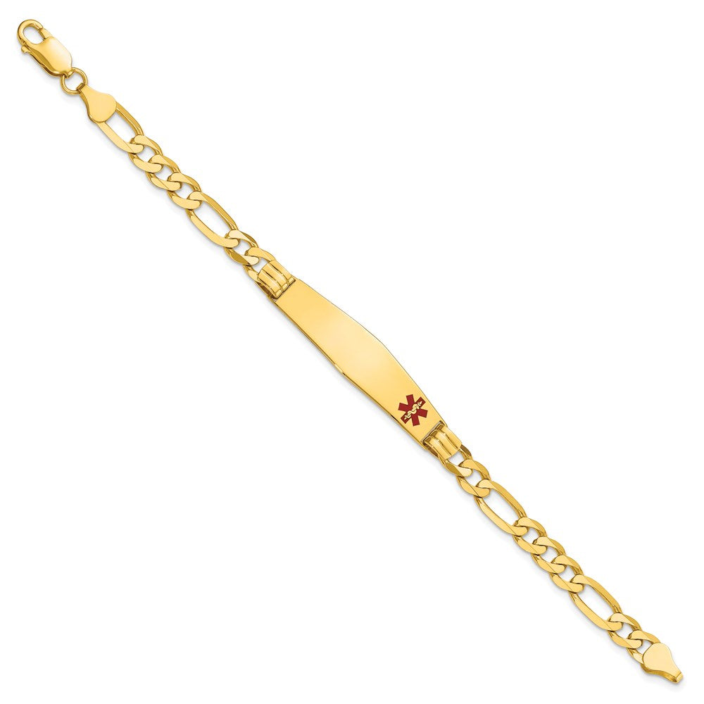 Engravable 14K Yellow Gold Medical Soft Diamond Shape Red Enamel Figaro ID Bracelet Length 7 inches Width 9.5 mm With Lobster Claw Clasp