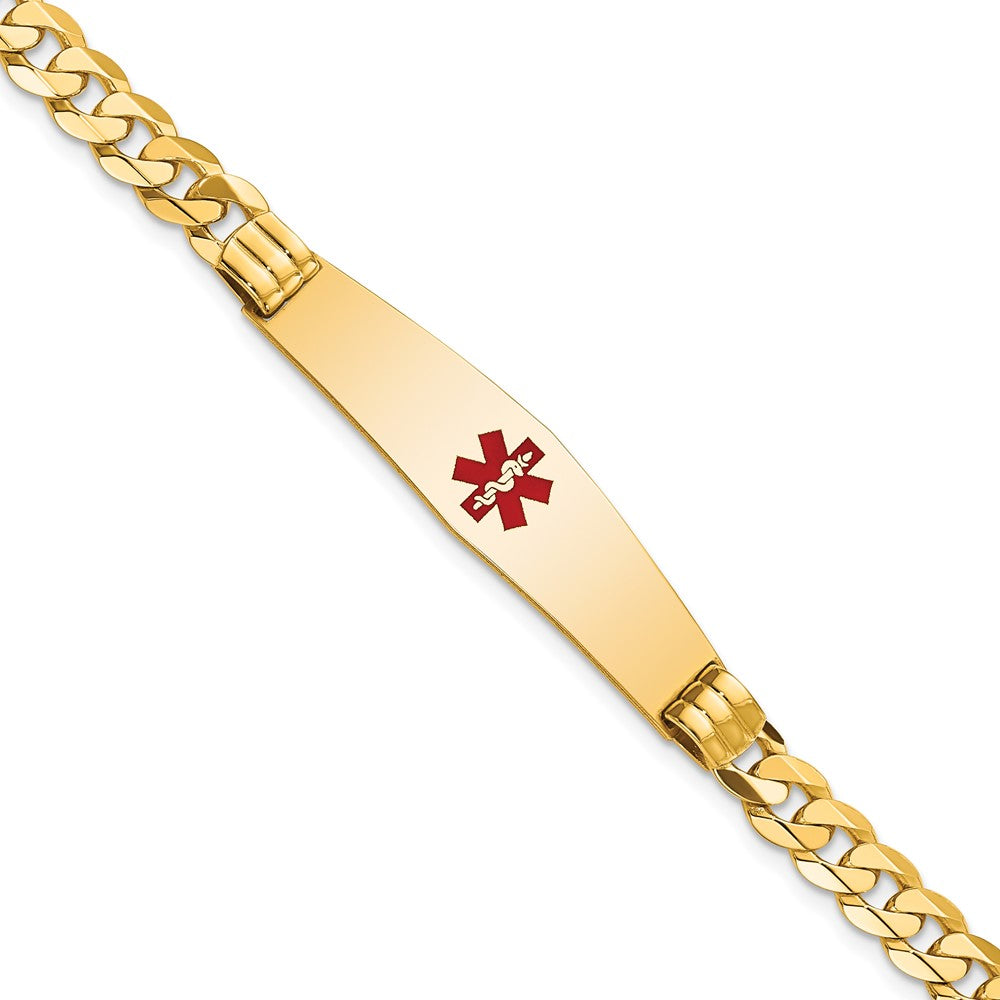 Engravable 14K Yellow Gold Medical Soft Diamond Shape Red Enamel Curb Link ID Bracelet Length 8 inches Width 9.5 mm With Lobster Claw Clasp