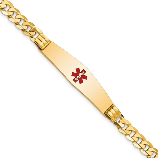 Engravable 14K Yellow Gold Medical Soft Diamond Shape Red Enamel Curb Link ID Bracelet Length 8 inches Width 9.5 mm With Lobster Claw Clasp