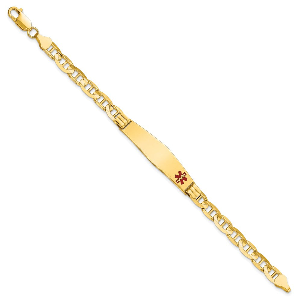 Engravable 14K Yellow Gold Medical Soft Diamond Shape Red Enamel Anchor Link ID Bracelet Length 7 inches Width 9.5 mm With Lobster Claw Clasp