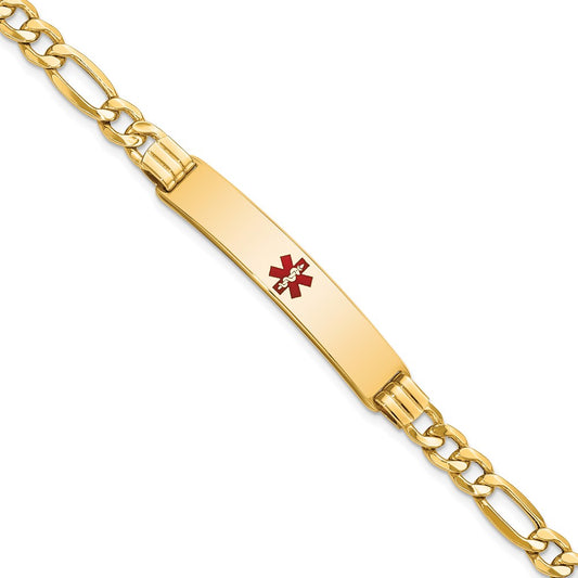 Engravable 14K Yellow Gold Medical Red Enamel Figaro Link ID Bracelet Length 7 inches Width 8 mm With Lobster Claw Clasp