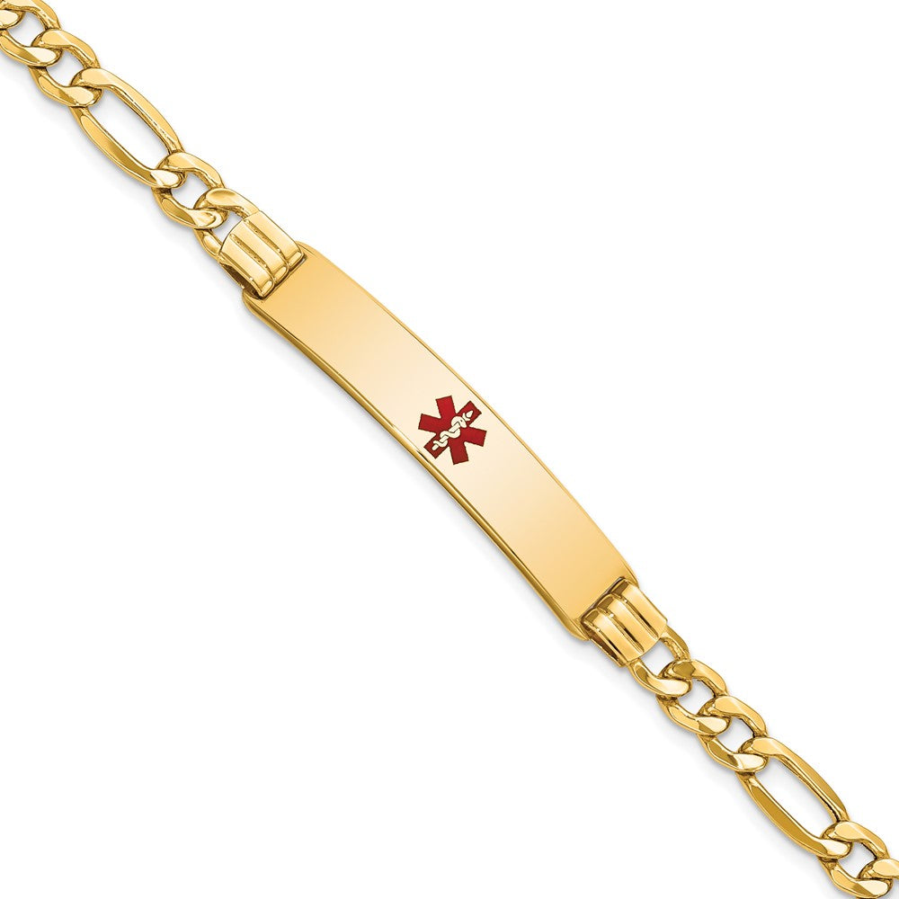 Engravable 14K Yellow Gold Medical Red Enamel Figaro Link ID Bracelet Length 8 inches Width 8 mm With Lobster Claw Clasp
