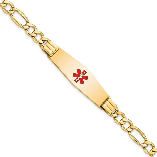 Engravable 14K Yellow Gold Medical Soft Diamond Shape Red Enamel Figaro ID Bracelet Length 8 inches Width 13.5 mm With Lobster Claw Clasp