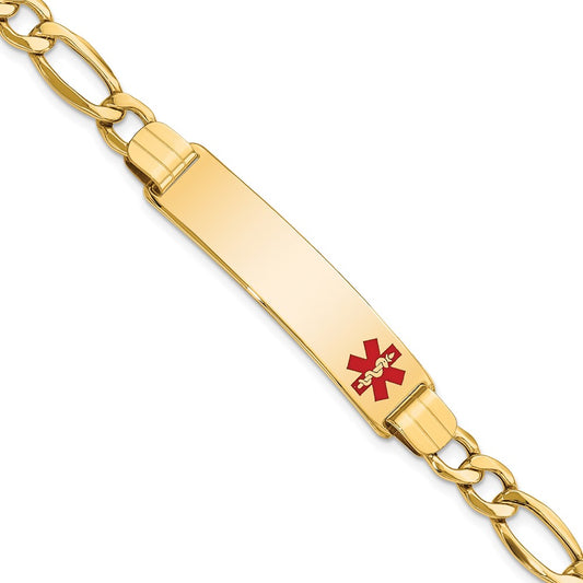 Engravable 14K Yellow Gold Medical Polished Red Enamel Figaro ID Bracelet Length 8 inches Width 10.5 mm With Lobster Claw Clasp