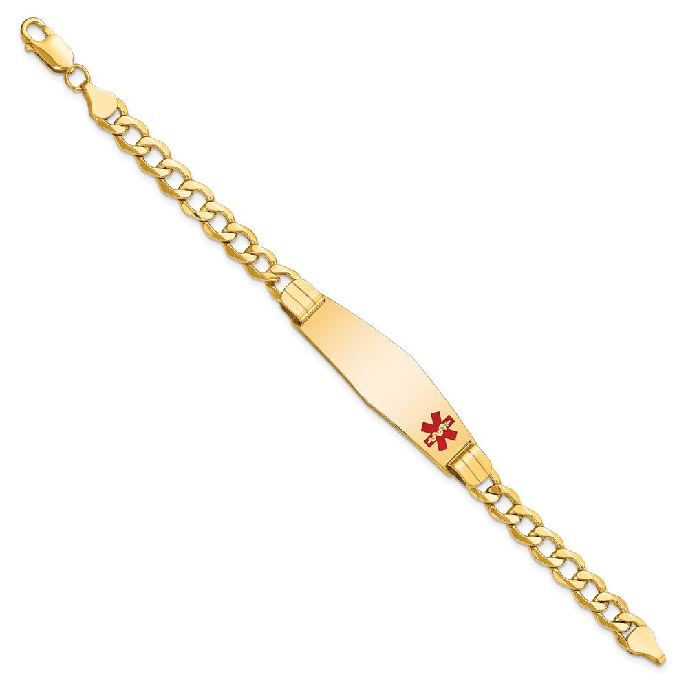 Engravable 14K Yellow Gold Medical Soft Diamond Shape Red Enamel Curb Link ID Bracelet Length 7 inches Width 13.5 mm With Lobster Claw Clasp