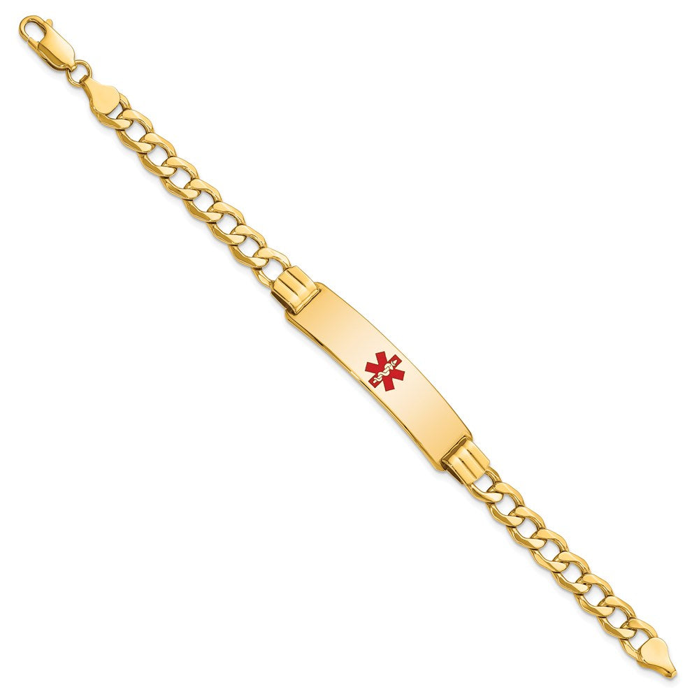 Engravable 14K Yellow Gold Medical Red Enamel Curb Link ID Bracelet Length 8 inches Width 10.5 mm With Lobster Claw Clasp