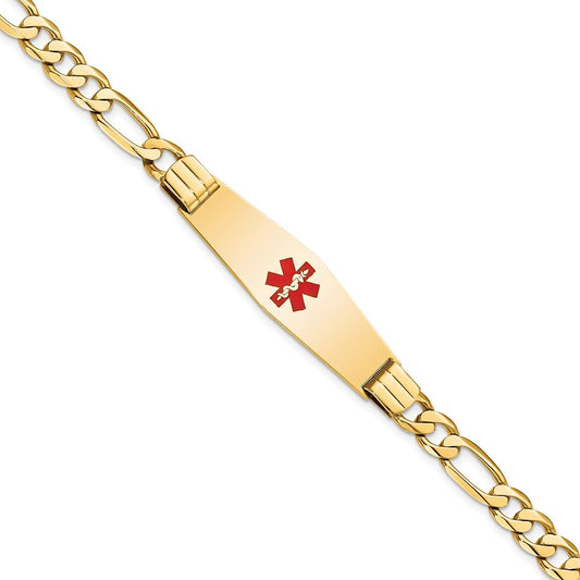 Engravable 14K Yellow Gold Medical Soft Diamond Shape Red Enamel Flat Figaro Link ID Bracelet Length 7 inches Width 13.5 mm With Lobster Claw Clasp