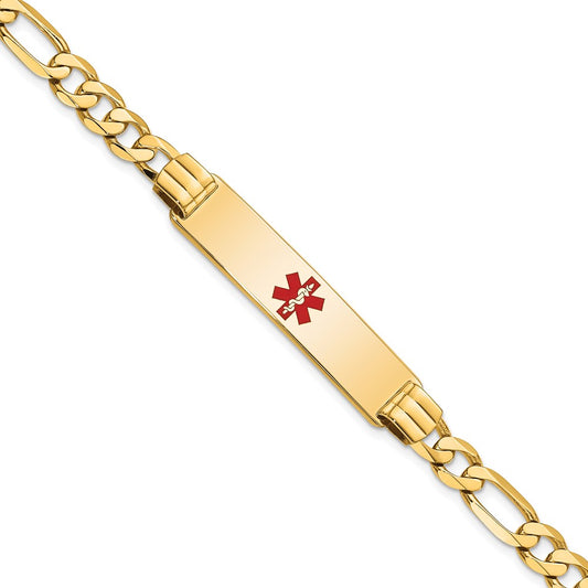 Engravable 14K Yellow Gold Medical Red Enamel Flat Figaro Link ID Bracelet Length 8 inches Width 10.5 mm With Lobster Claw Clasp
