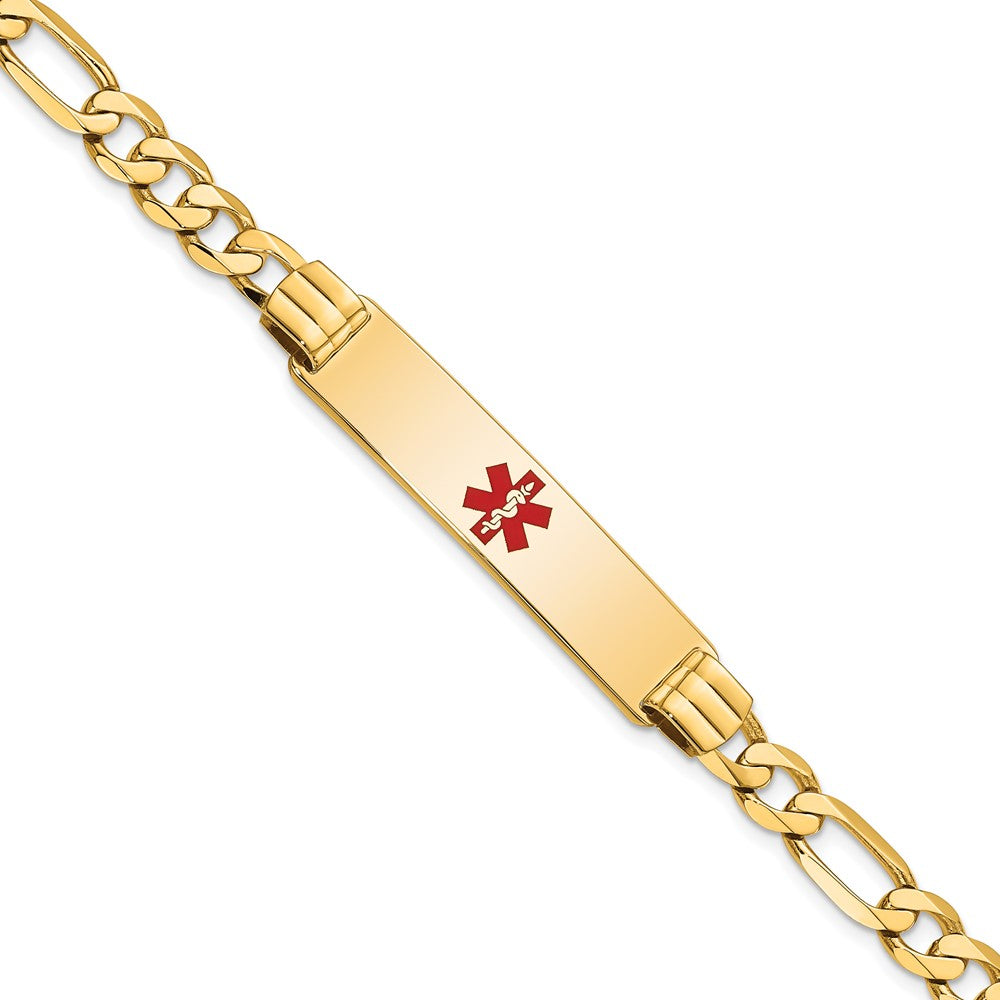 Engravable 14K Yellow Gold Medical Red Enamel Flat Figaro Link ID Bracelet Length 7 inches Width 10.5 mm With Lobster Claw Clasp