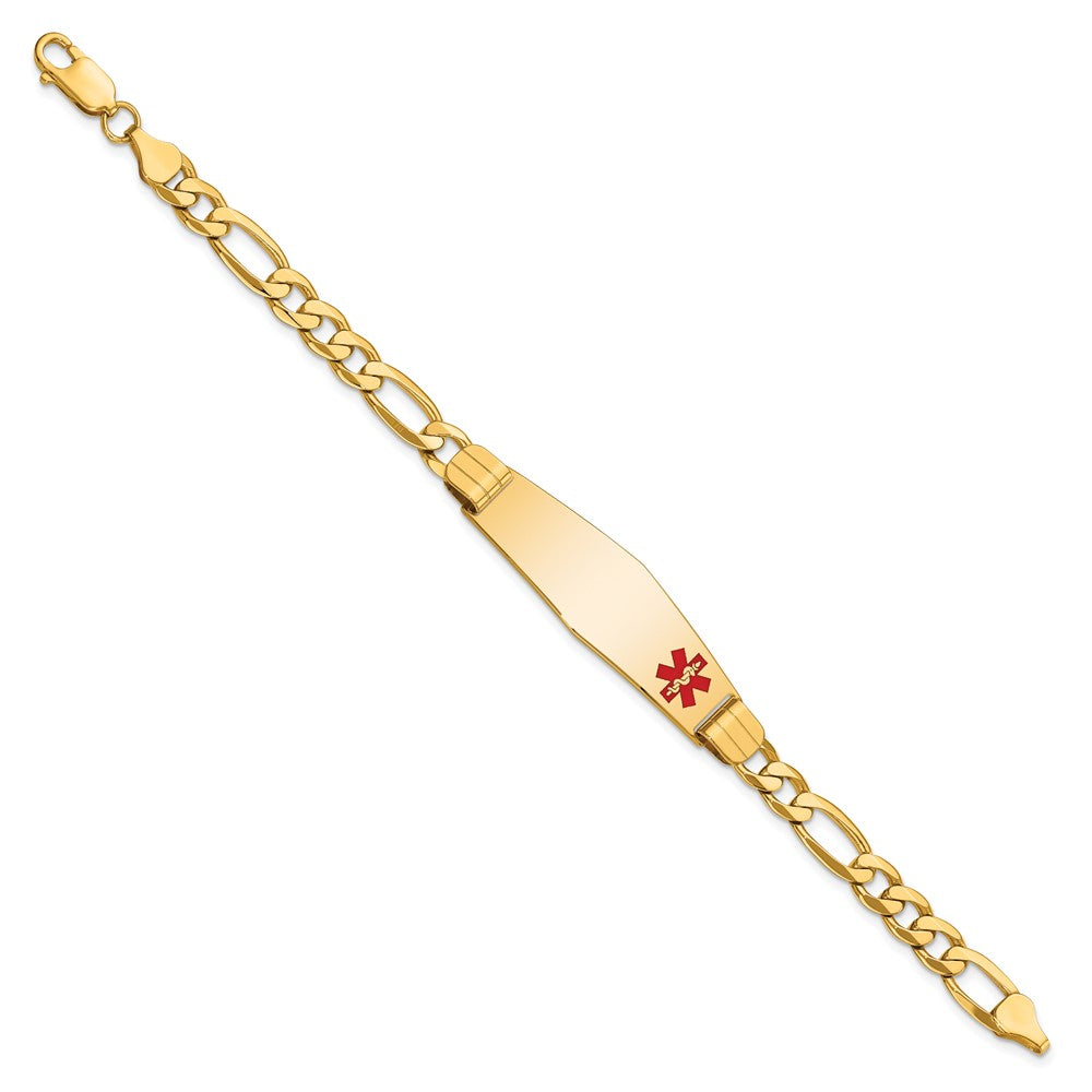 Engravable 14K Yellow Gold Medical Soft Diamond Shape Red Enamel Flat Figaro Link ID Bracelet Length 8 inches Width 13.5 mm With Lobster Claw Clasp