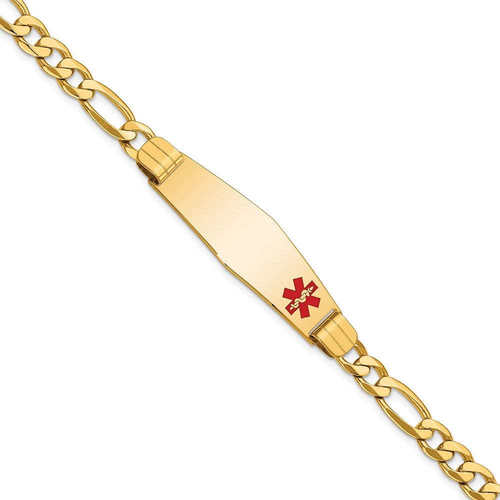Engravable 14K Yellow Gold Medical Soft Diamond Shape Red Enamel Flat Figaro Link ID Bracelet Length 8 inches Width 13.5 mm With Lobster Claw Clasp