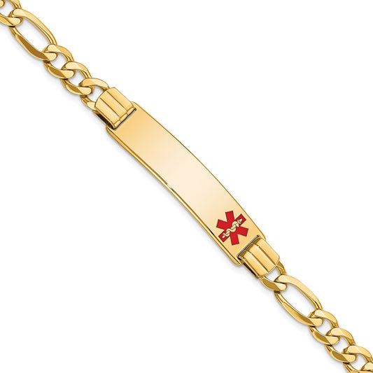 Engravable 14K Yellow Gold Medical Red Enamel Flat Figaro Link ID Bracelet Length 7 inches Width 10.5 mm With Lobster Claw Clasp