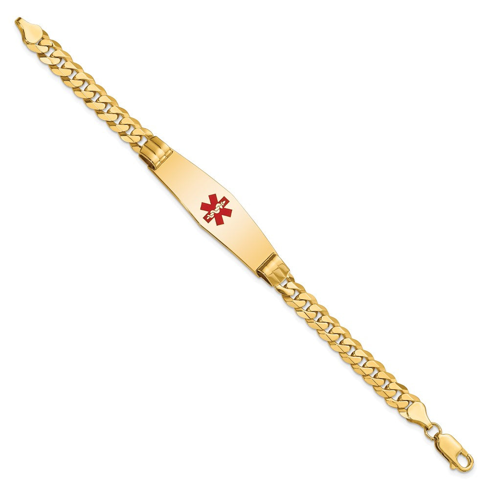 Engravable 14K Yellow Gold Medical Soft Diamond Shape Red Enamel Curb Link ID Bracelet Length 7 inches Width 13.5 mm With Lobster Claw Clasp