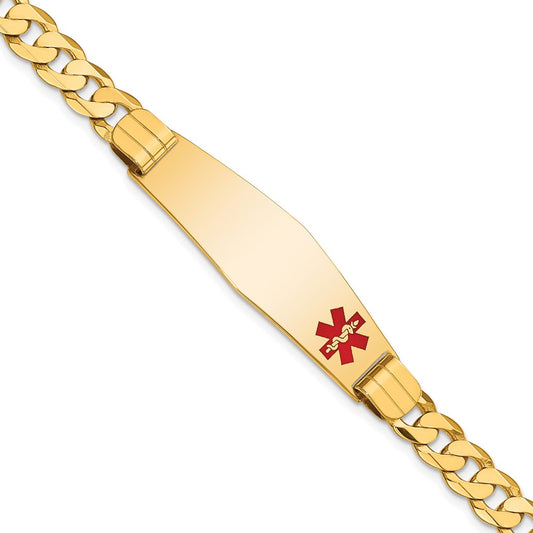 Engravable 14K Yellow Gold Medical Soft Diamond Shape Red Enamel Curb Link ID Bracelet Length 8 inches Width 13.5 mm With Lobster Claw Clasp