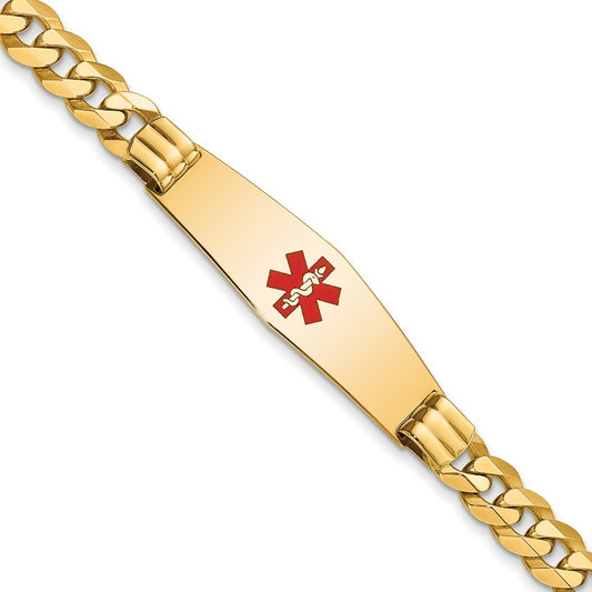 Engravable 14K Yellow Gold Medical Soft Diamond Shape Red Enamel Flat Curb Link ID Bracelet Length 8 inches Width 13.5 mm With Lobster Claw Clasp