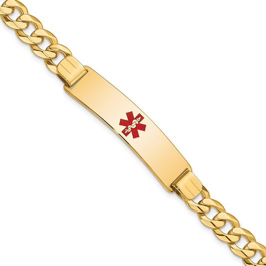 Engravable 14K Yellow Gold Medical Red Enamel Flat Curb Link ID Bracelet Length 8 inches Width 10.5 mm With Lobster Claw Clasp