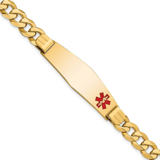 Engravable 14K Yellow Gold Medical Soft Diamond Shape Red Enamel Flat Curb Link ID Bracelet Length 8 inches Width 13.5 mm With Lobster Claw Clasp