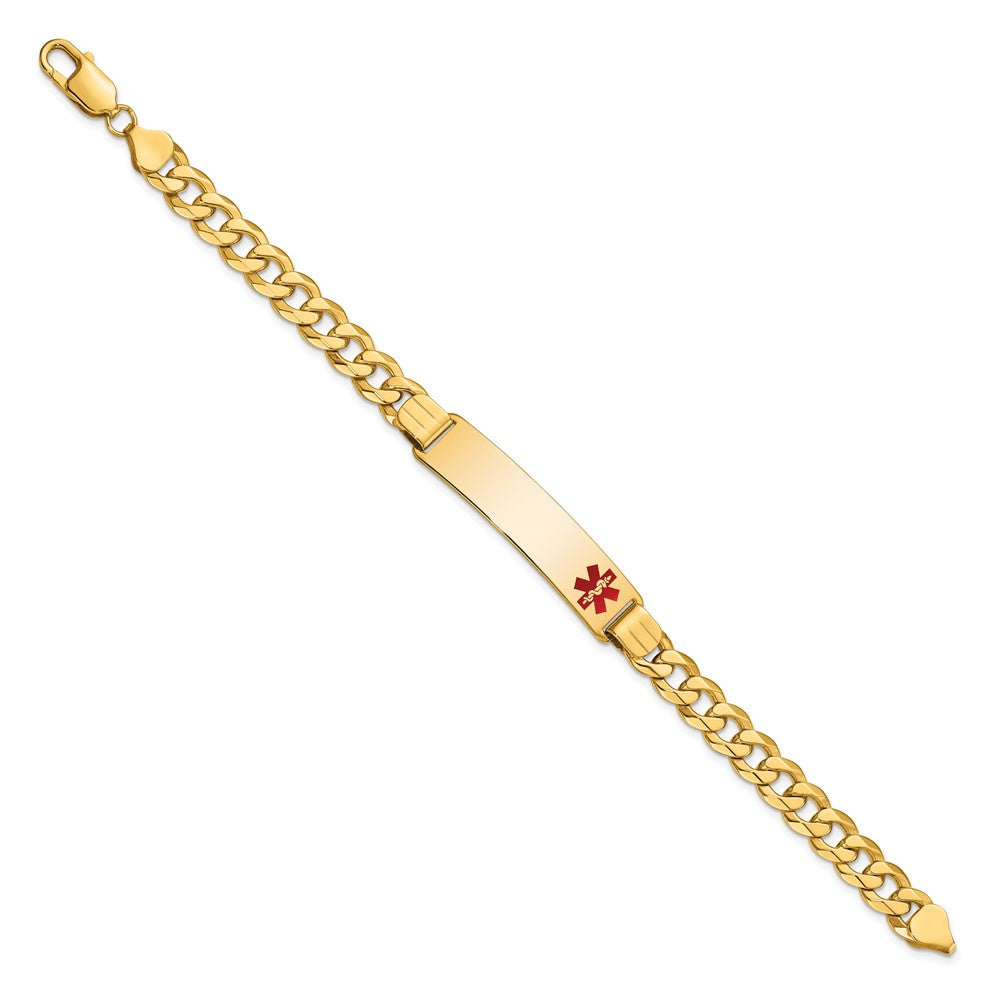 Engravable 14K Yellow Gold Medical Red Enamel Flat Curb Link ID Bracelet Length 8 inches Width 10.5 mm With Lobster Claw Clasp
