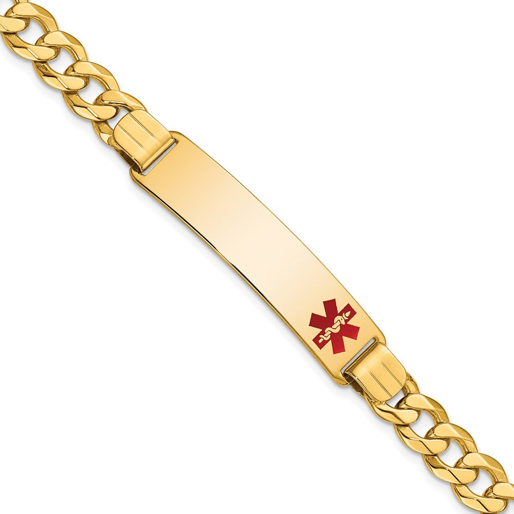 Engravable 14K Yellow Gold Medical Red Enamel Flat Curb Link ID Bracelet Length 8 inches Width 10.5 mm With Lobster Claw Clasp