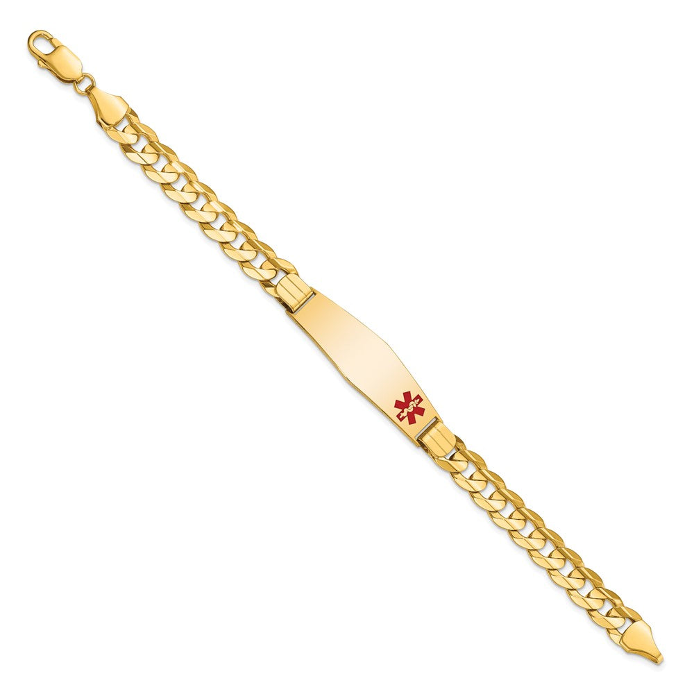 Engravable 14K Yellow Gold Medical Soft Diamond Shape Red Enamel Curb ID Bracelet Length 8 inches Width 13.5 mm With Lobster Claw Clasp