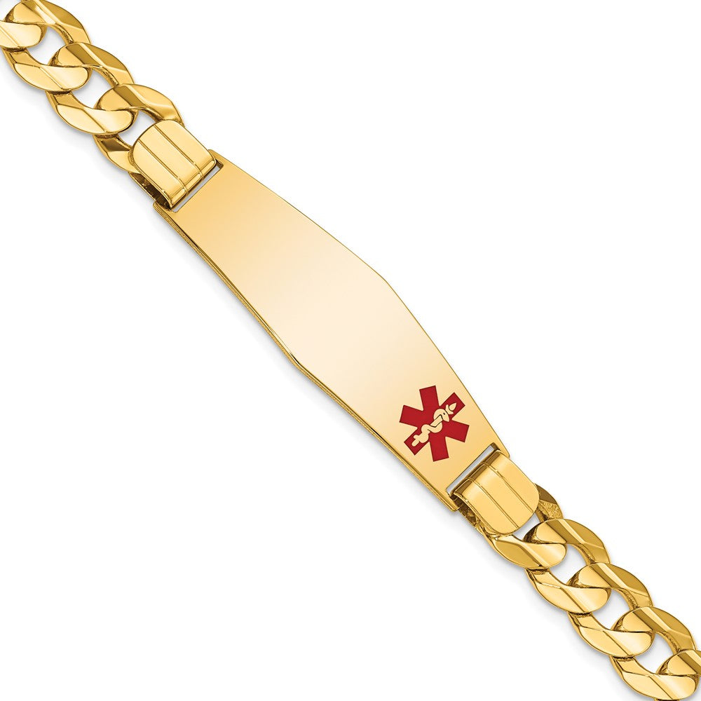 Engravable 14K Yellow Gold Medical Soft Diamond Shape Red Enamel Curb ID Bracelet Length 8 inches Width 13.5 mm With Lobster Claw Clasp