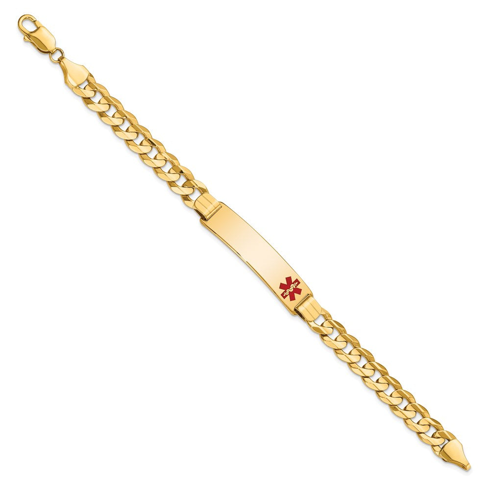 Engravable 14K Yellow Gold Medical Red Enamel Curb ID Bracelet Length 8 inches Width 10.5 mm With Lobster Claw Clasp