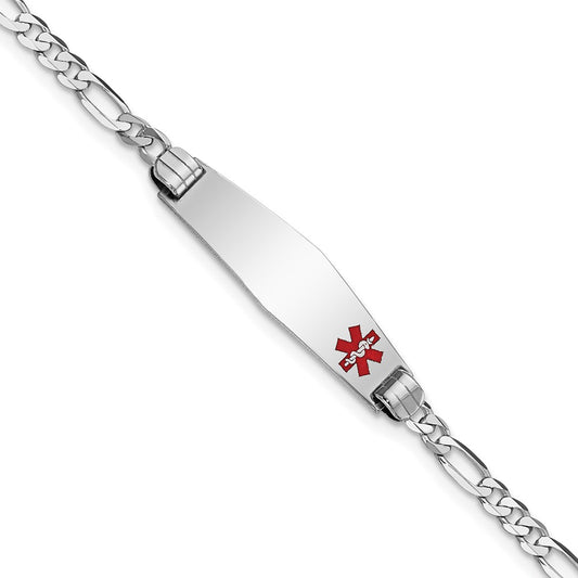 Engravable 14K White Gold Medical Soft Diamond Shape Red Enamel Figaro Link ID Bracelet Length 7 inches Width 7.5 mm With Lobster Claw Clasp