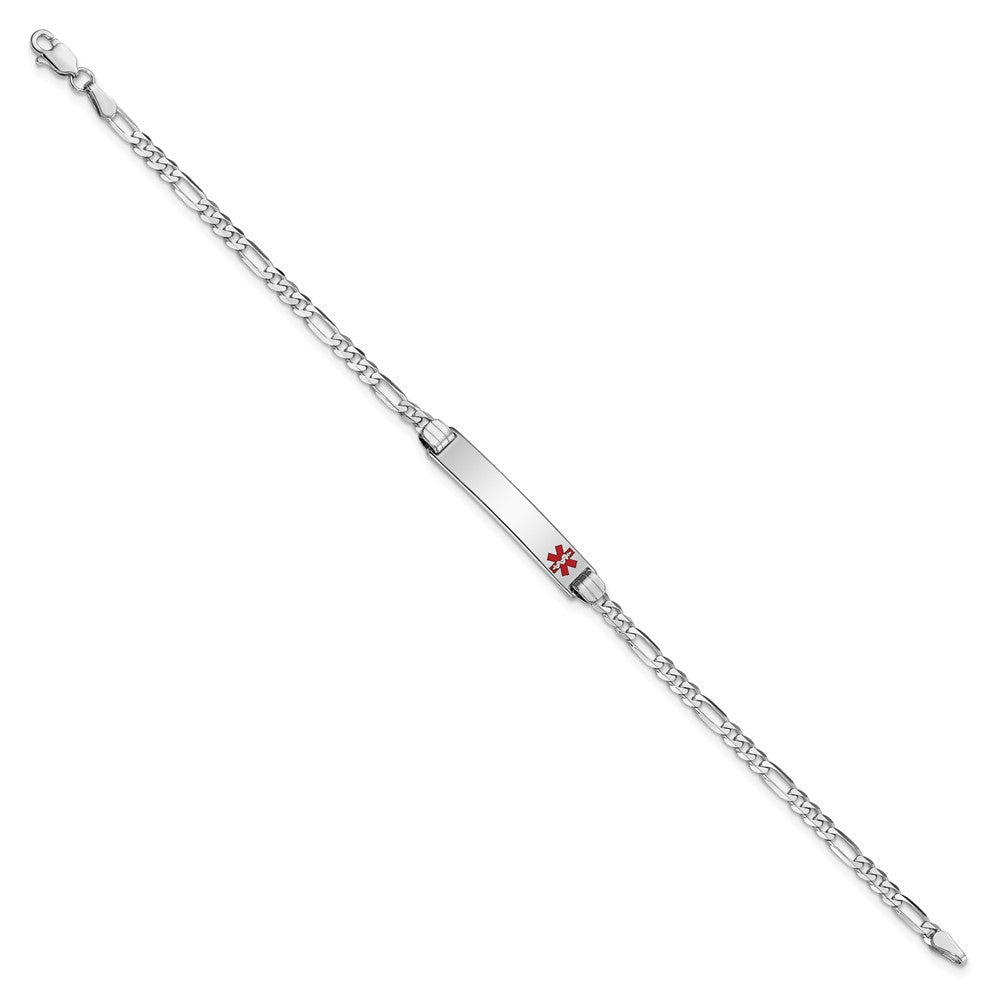 Engravable 14K White Gold Medical Red Enamel Figaro Link ID Bracelet Length 8 inches Width 5.5 mm With Lobster Claw Clasp