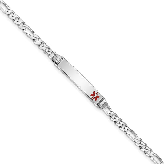 Engravable 14K White Gold Medical Red Enamel Figaro Link ID Bracelet Length 8 inches Width 5.5 mm With Lobster Claw Clasp