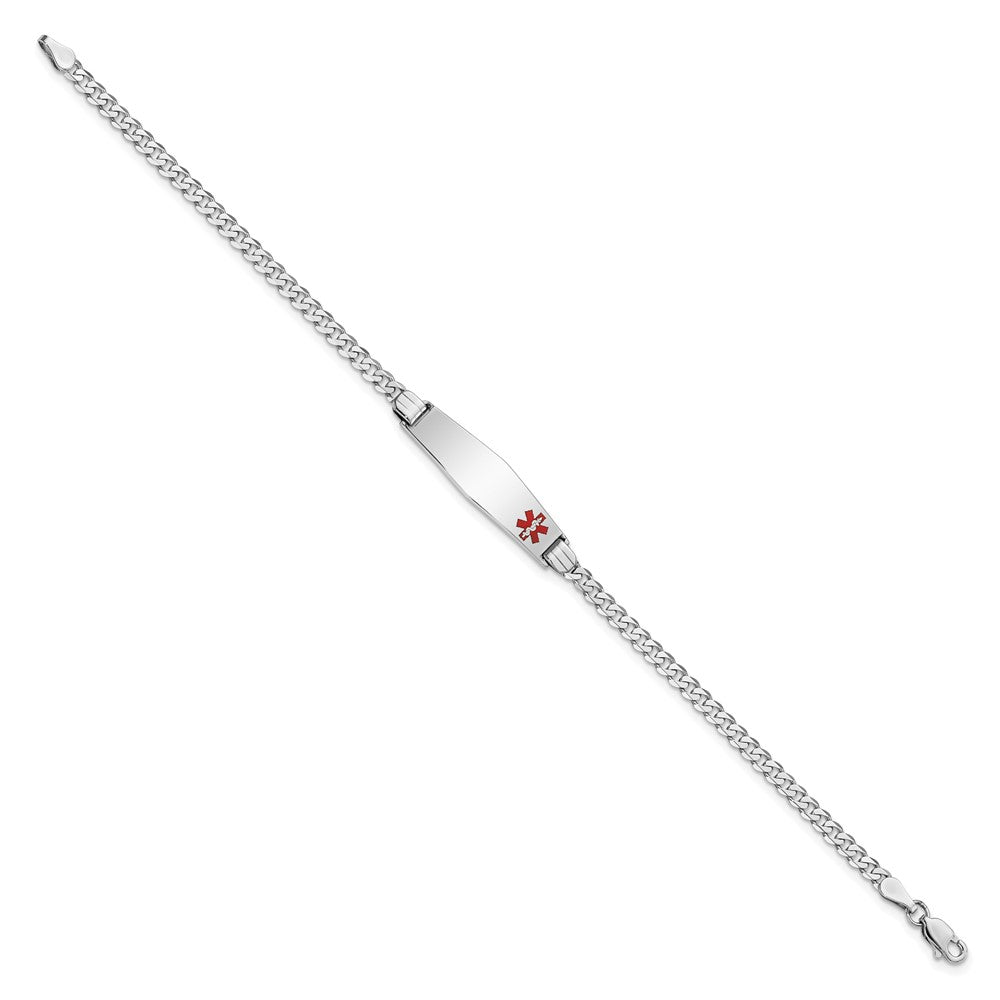Engravable 14K White Gold Medical Soft Diamond Shape Red Enamel Flat Curb Link ID Bracelet Length 8 inches Width 7.5 mm With Lobster Claw Clasp
