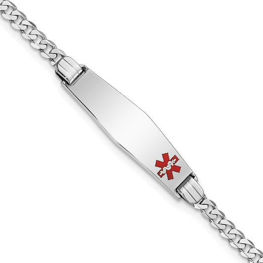 Engravable 14K White Gold Medical Soft Diamond Shape Red Enamel Flat Curb Link ID Bracelet Length 7 inches Width 7.5 mm With Lobster Claw Clasp