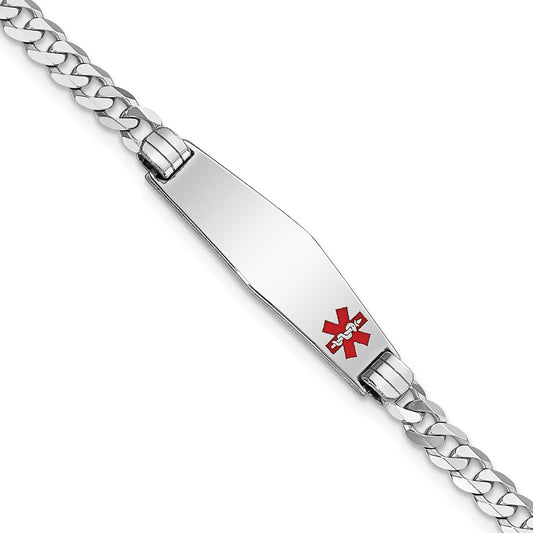 Engravable 14K White Gold Medical Soft Diamond Shape Red Enamel Flat Curb Link ID Bracelet Length 7 inches Width 7.5 mm With Lobster Claw Clasp
