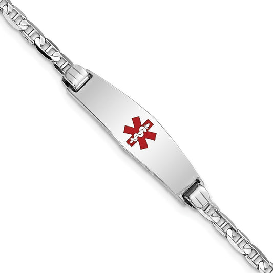Engravable 14K White Gold Medical Soft Diamond Shape Red Enamel Anchor Link ID Bracelet Length 7 inches Width 7.5 mm With Lobster Claw Clasp