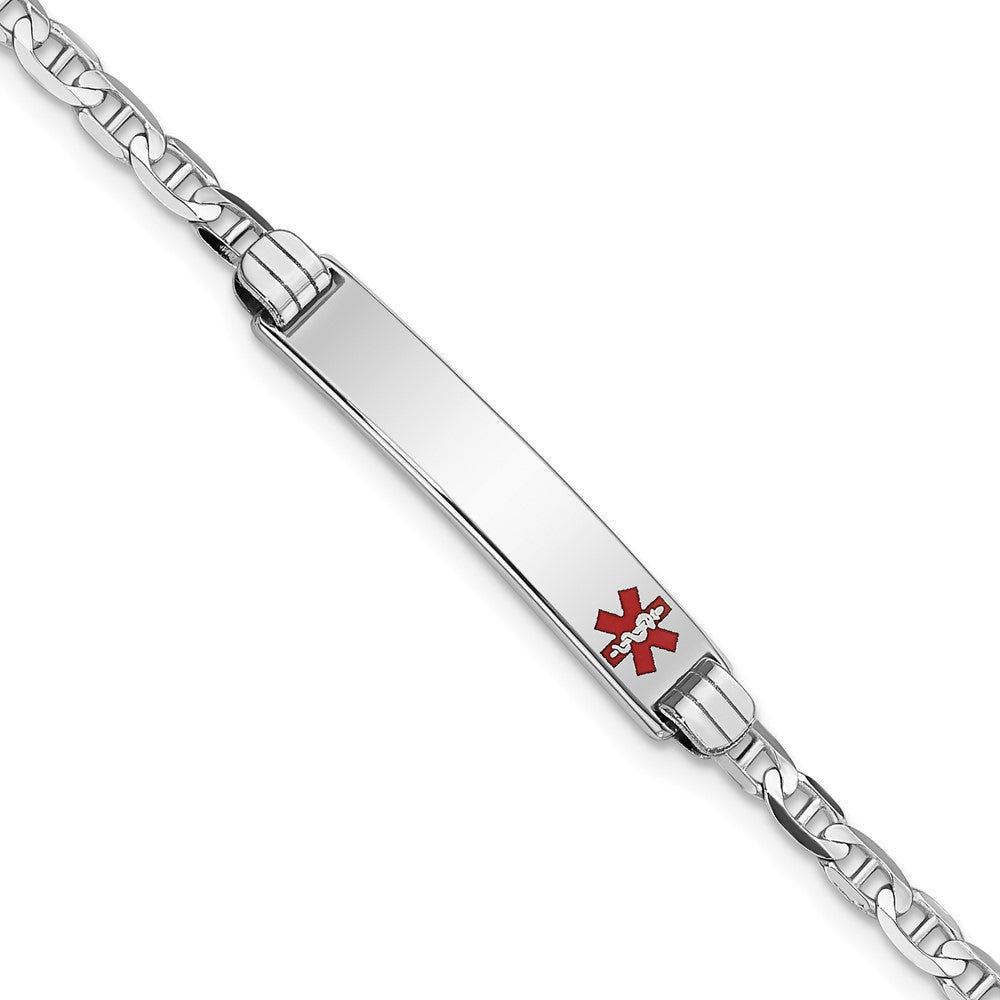 Engravable 14K White Gold Medical Red Enamel Anchor Link ID Bracelet Length 8 inches Width 5.5 mm With Lobster Claw Clasp