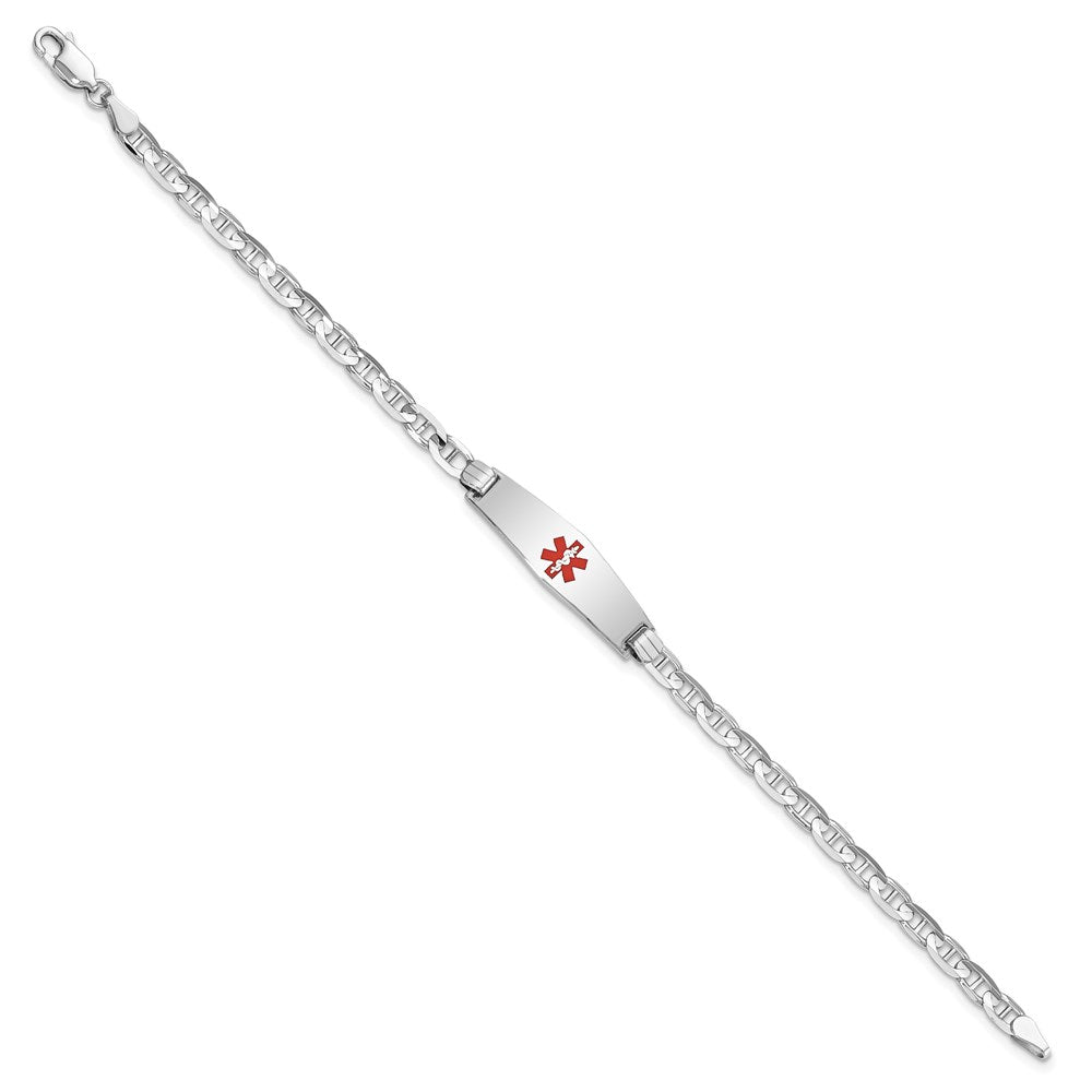 Engravable 14K White Gold Medical Soft Diamond Shape Red Enamel Anchor Link ID Bracelet Length 8 inches Width 7.5 mm With Lobster Claw Clasp