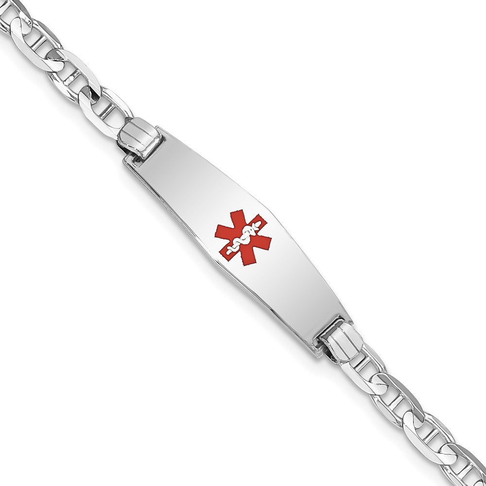 Engravable 14K White Gold Medical Soft Diamond Shape Red Enamel Anchor Link ID Bracelet Length 8 inches Width 7.5 mm With Lobster Claw Clasp