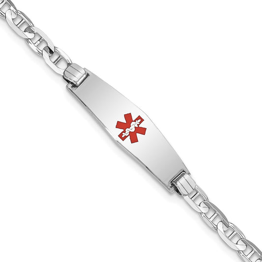 Engravable 14K White Gold Medical Soft Diamond Shape Red Enamel Anchor Link ID Bracelet Length 8 inches Width 7.5 mm With Lobster Claw Clasp