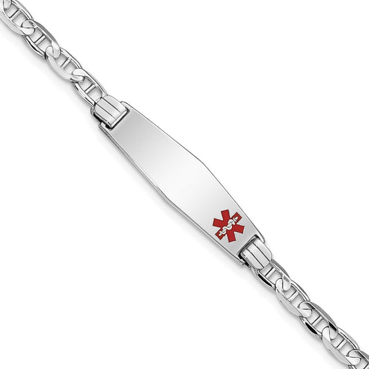 Engravable 14K White Gold Medical Soft Diamond Shape Red Enamel Anchor Link ID Bracelet Length 8 inches Width 7.5 mm With Lobster Claw Clasp