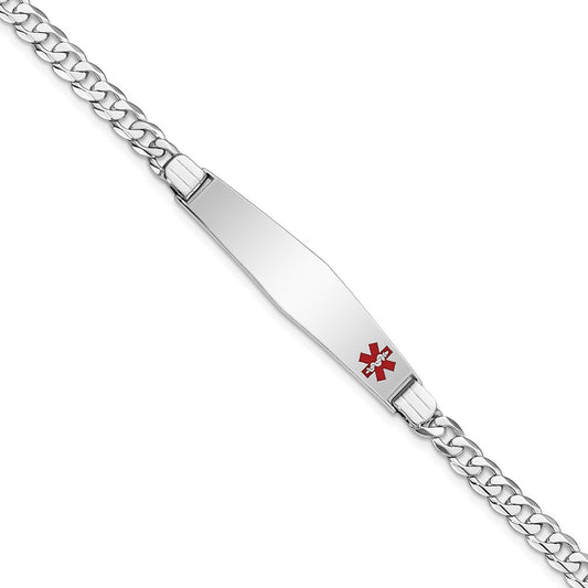 Engravable 14K White Gold Medical Soft Diamond Shape Red Enamel Flat Curb Link ID Bracelet Length 7 inches Width 9 mm With Lobster Claw Clasp