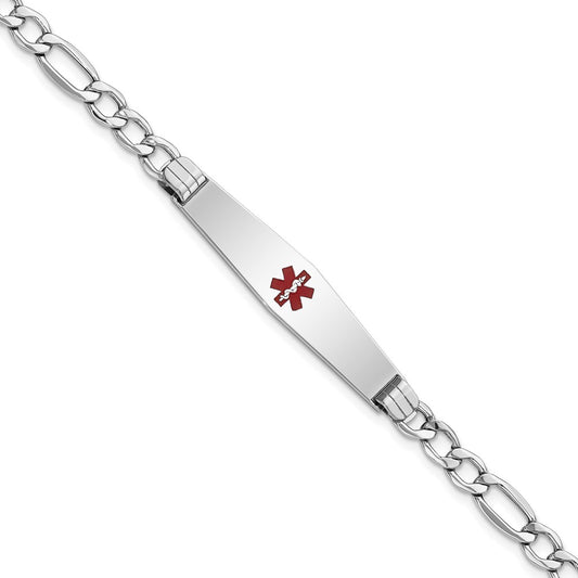 Engravable 14K White Gold Medical Soft Diamond Shape Red Enamel Figaro ID Bracelet Length 8 inches Width 9 mm With Lobster Claw Clasp